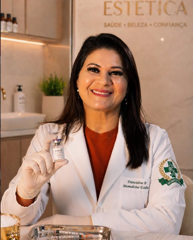 Francislene Beazussi, biomédica esteta, sorrindo em sua clínica segurando um frasco de toxina botulínica