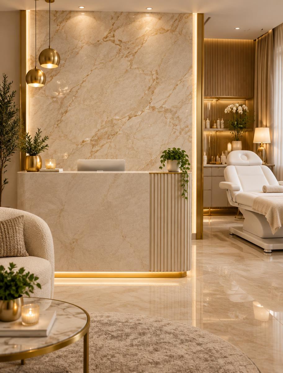 Recepção da clínica com parede de mármore e detalhes dourados